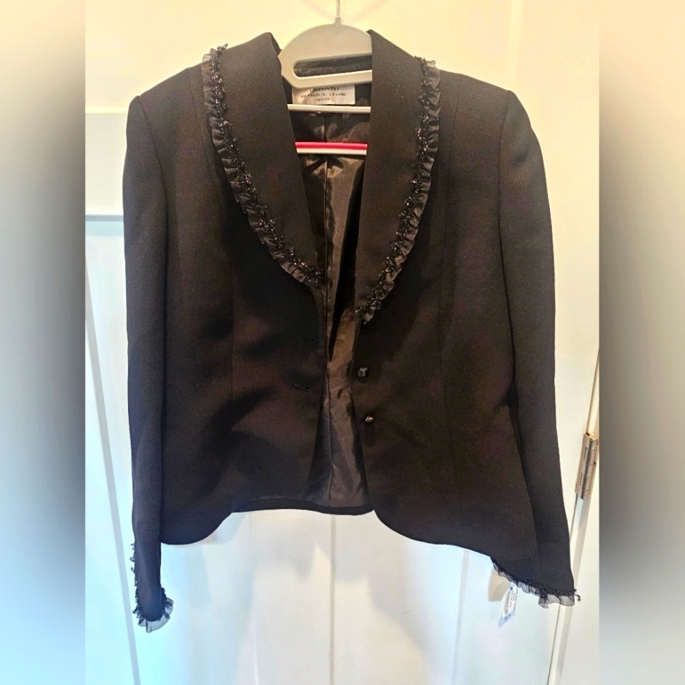 Tahari Arthur S. Levine Petite Black Blazer Beaded Trim Ruffle Jacket